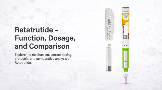 Retatrutide injektionspenna och glasampull från Pen Peptide, med rubriken "Retatrutide – Function, Dosage, and Comparison"