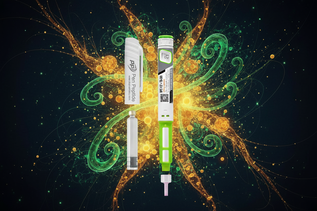 Pen Peptide injektionspenna med BPC-157 + TB-500 blend och glasampull, mot grön och guldfärgad abstrakt bakgrund