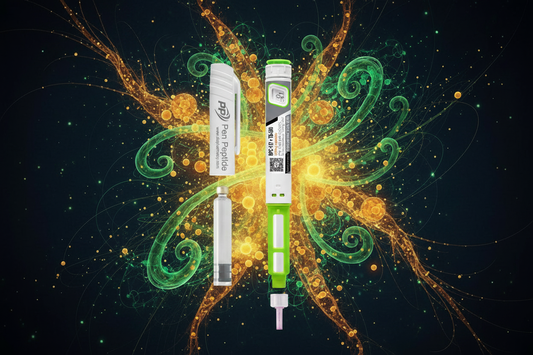 Pen Peptide injektionspenna med BPC-157 + TB-500 blend och glasampull, mot grön och guldfärgad abstrakt bakgrund